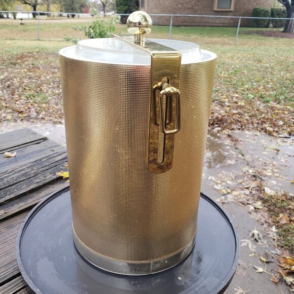 MCM Vintage George Briard Gold 11" Champagne Ice Bucket Metal Handle Lucite Lid - Picture 6 of 16